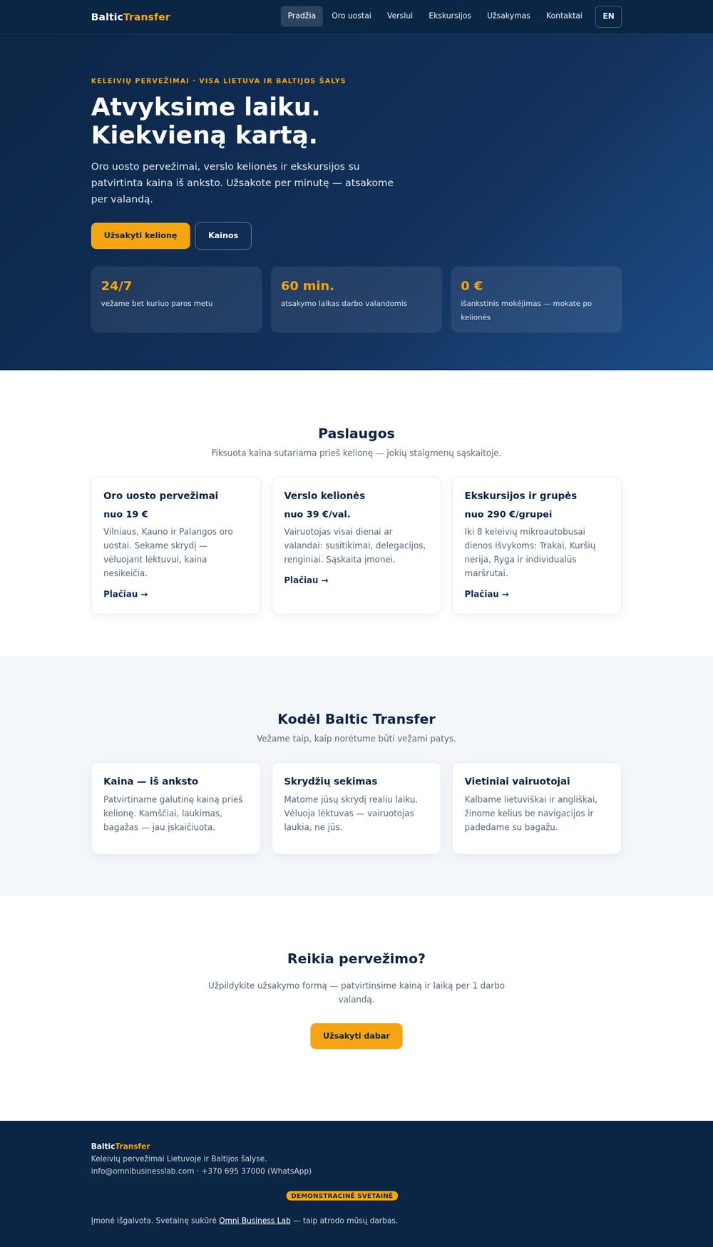 test.omnibusinesslab.com — demo passenger transfer website — screenshot of the site