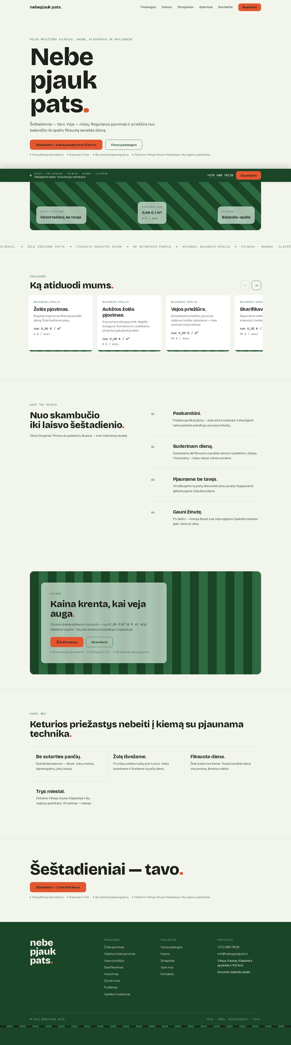 nebepjaukpats.lt — the Nebepjauk Pats lawn mowing service — screenshot of the site