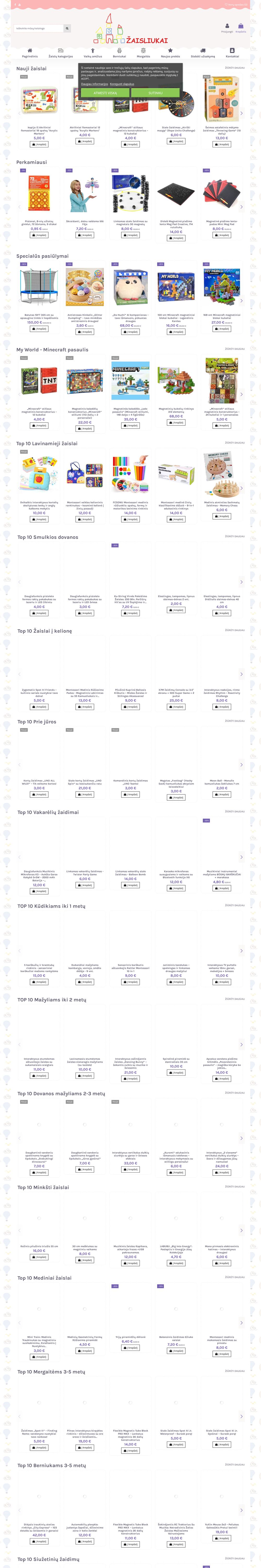 zaisliukai.lt — online store modules and Facebook Pixel — screenshot of the site