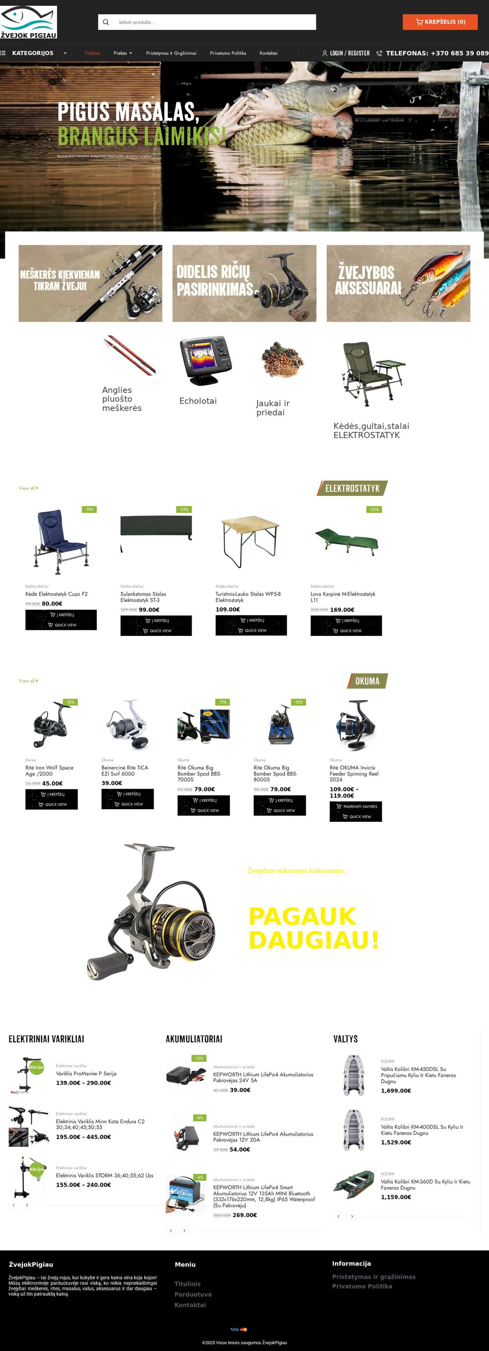 zvejokpigiau.lt — SEO copy and keywords for a fishing tackle store — screenshot of the site